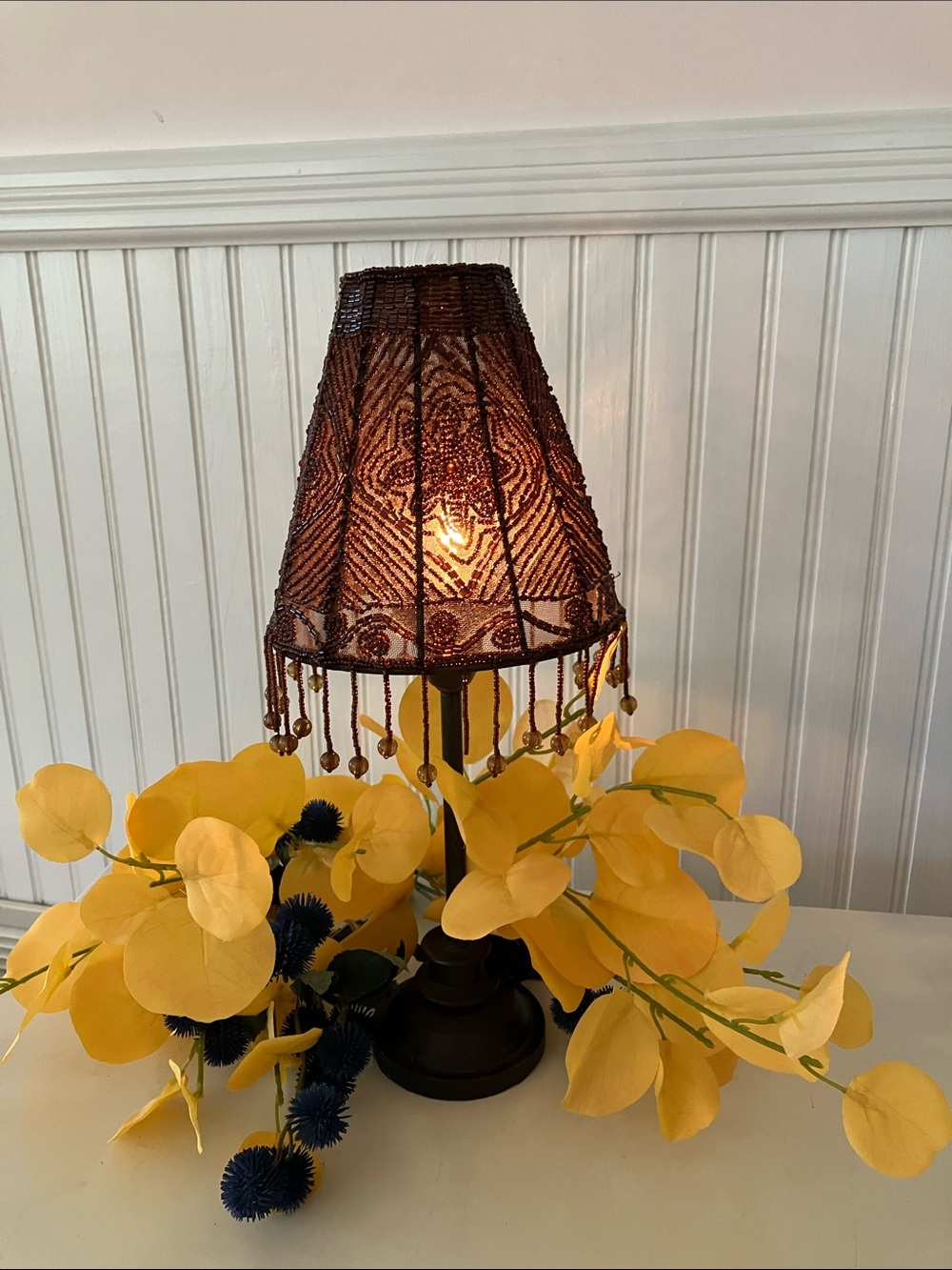 Beaded Amber Lamp Shade With Fringe Drop Beads on Brown Metal Base